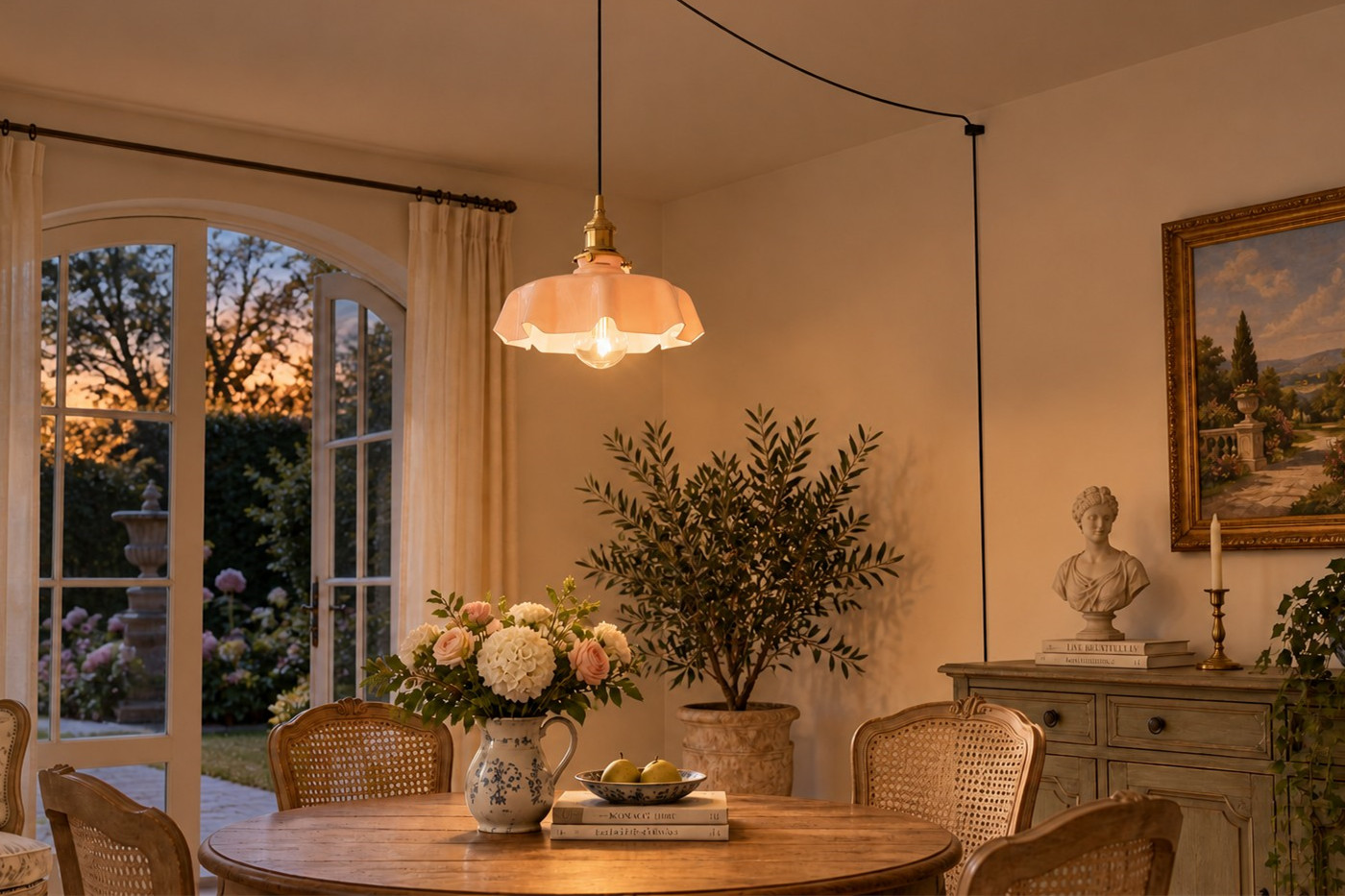 Lampa wisząca świecąca nocą w jadalni