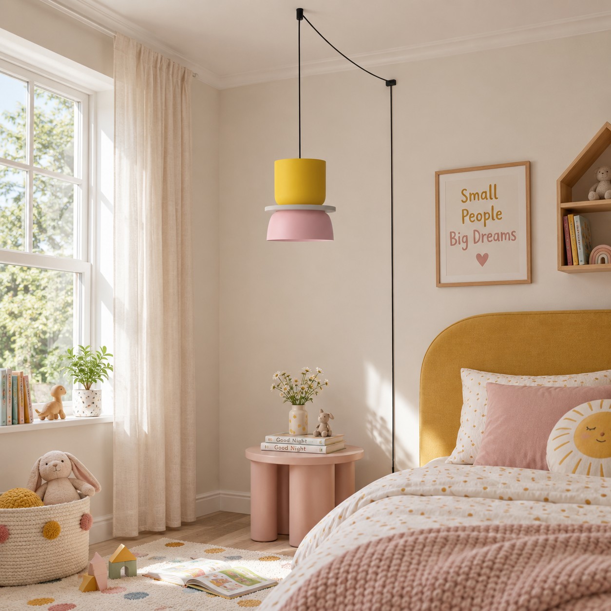 Gele en roze Macri-hanglamp naast een bed