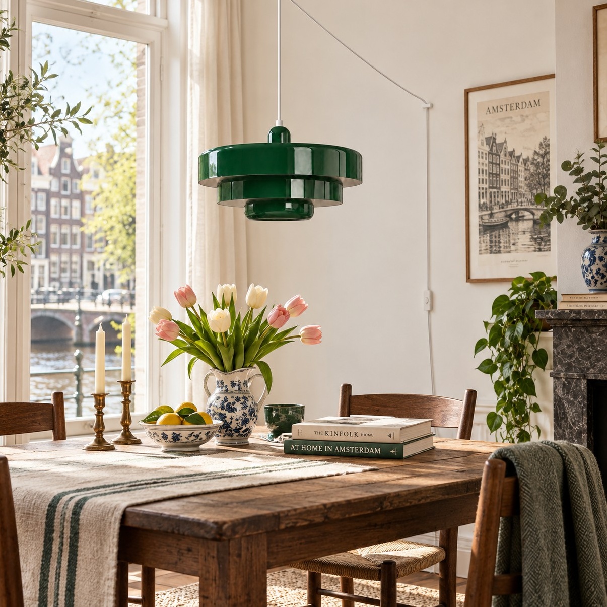 Lámpara colgante de color verde oscuro sobre una mesa de comedor de madera.