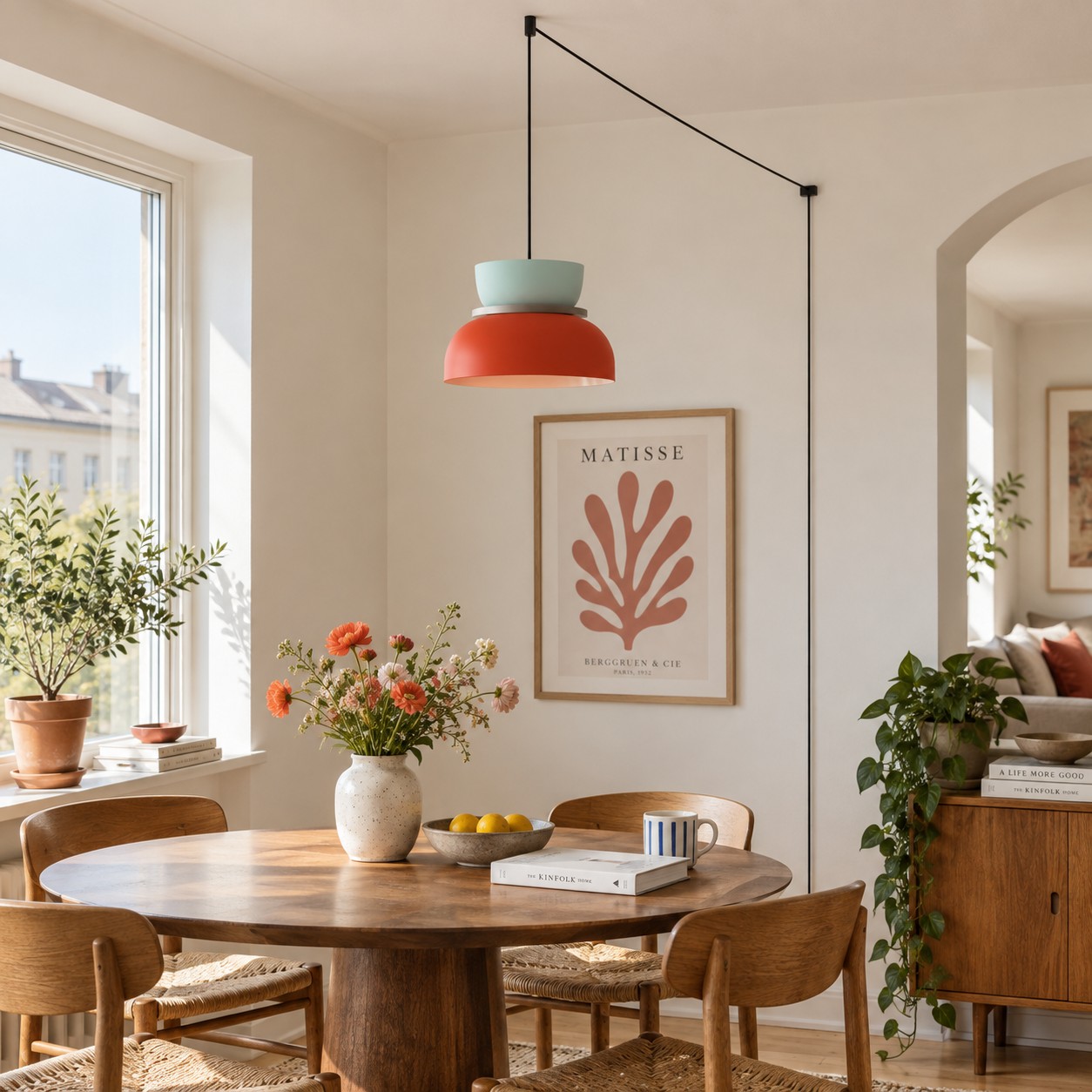 Oranje en lichtgroene Macri-hanglamp boven een ronde eettafel