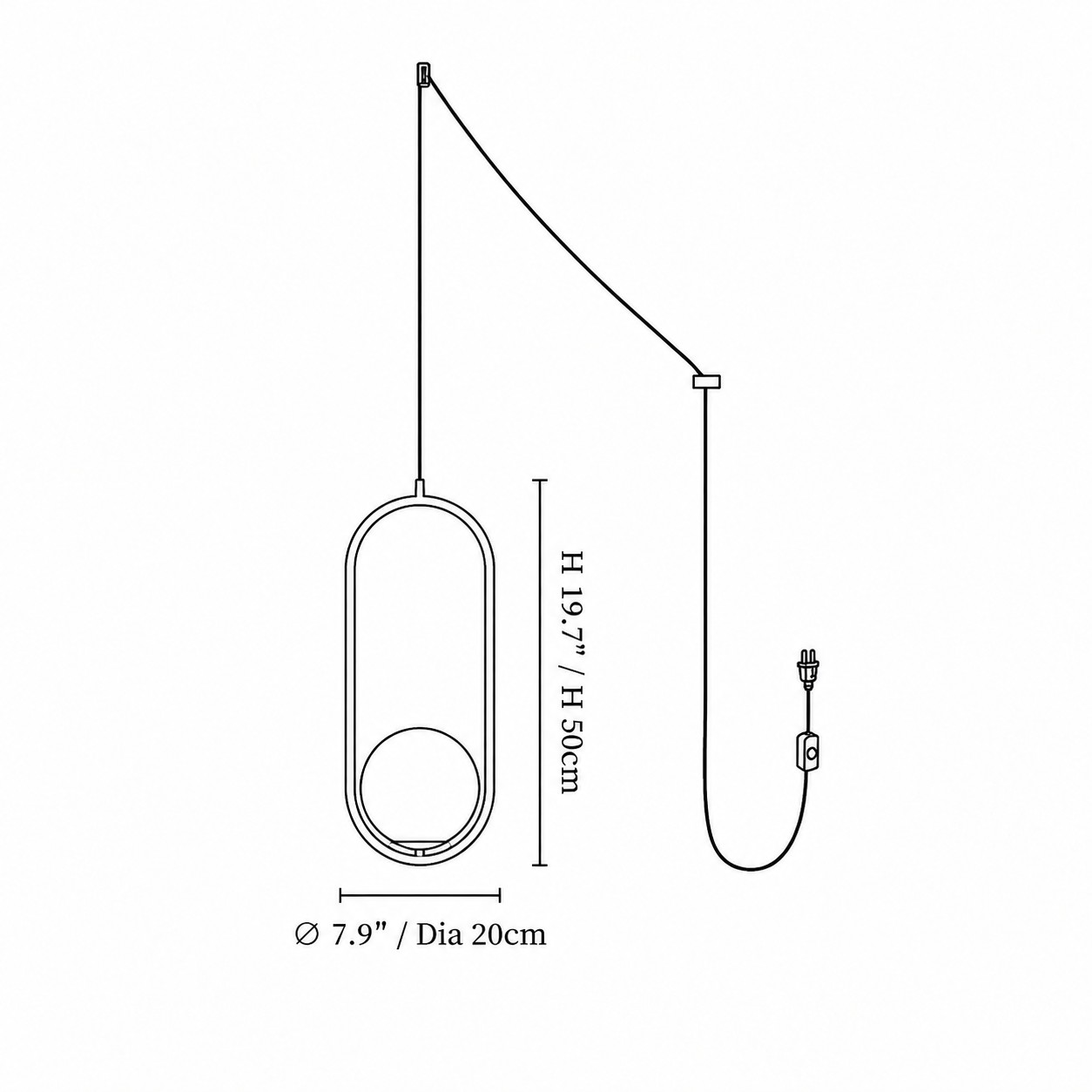Óvalo · Diagrama de dimensiones de 20 × 50 cm