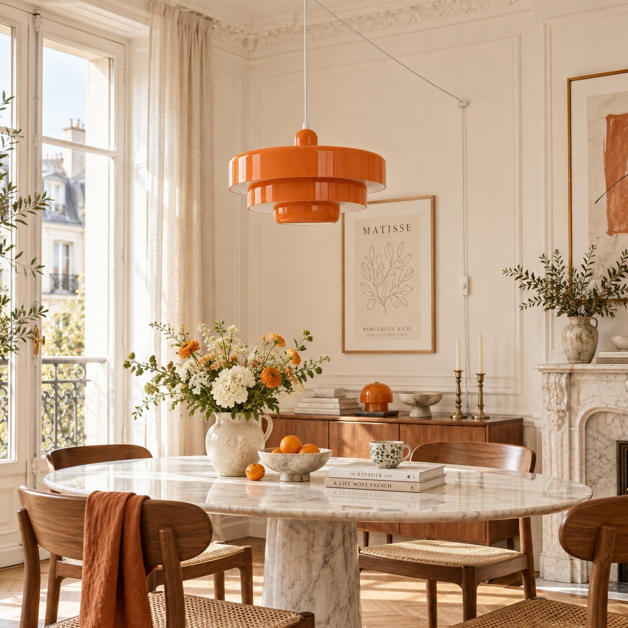Lámpara colgante naranja apagada en un comedor luminoso.