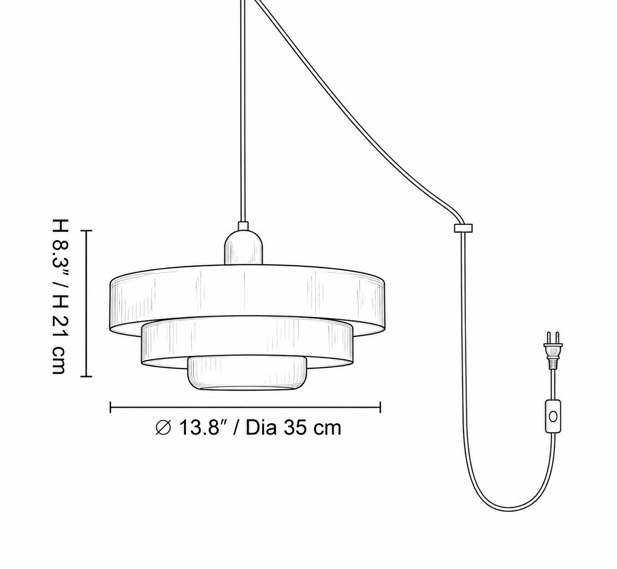 Dibujo dimensional de la lámpara colgante con longitud del cable y medidas.