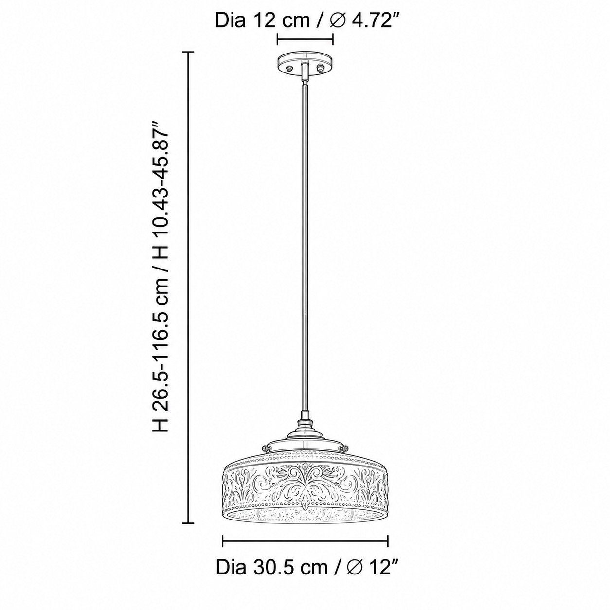 Diagrama de dimensiones del tamaño A con pantalla de 30,5 cm y altura total ajustable