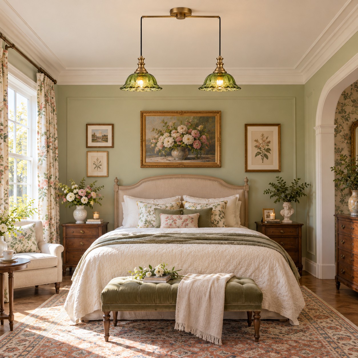 Two green fluted glass pendants above a bed