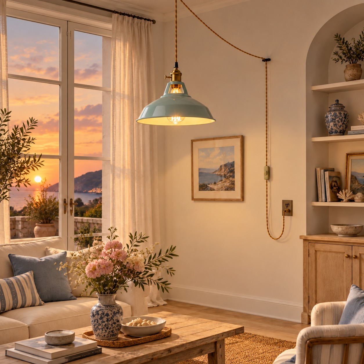 Sea blue metal plug-in pendant in a warm sunset living room