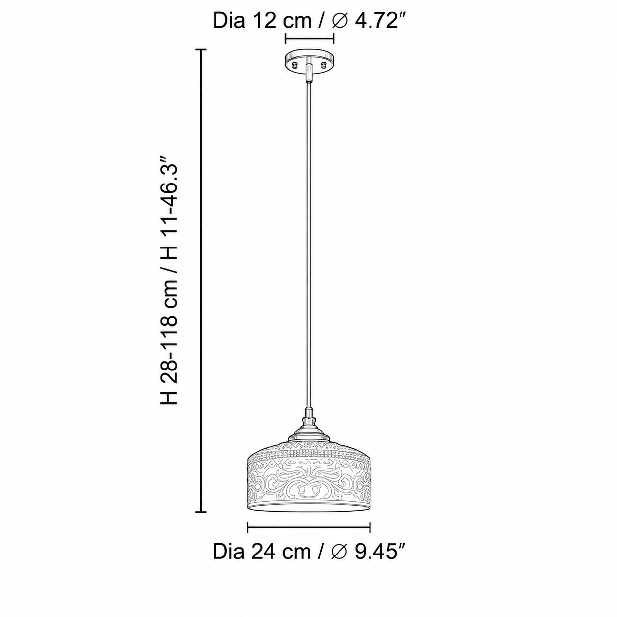 Diagrama de dimensiones de la talla B con pantalla de 24 cm y altura total regulable