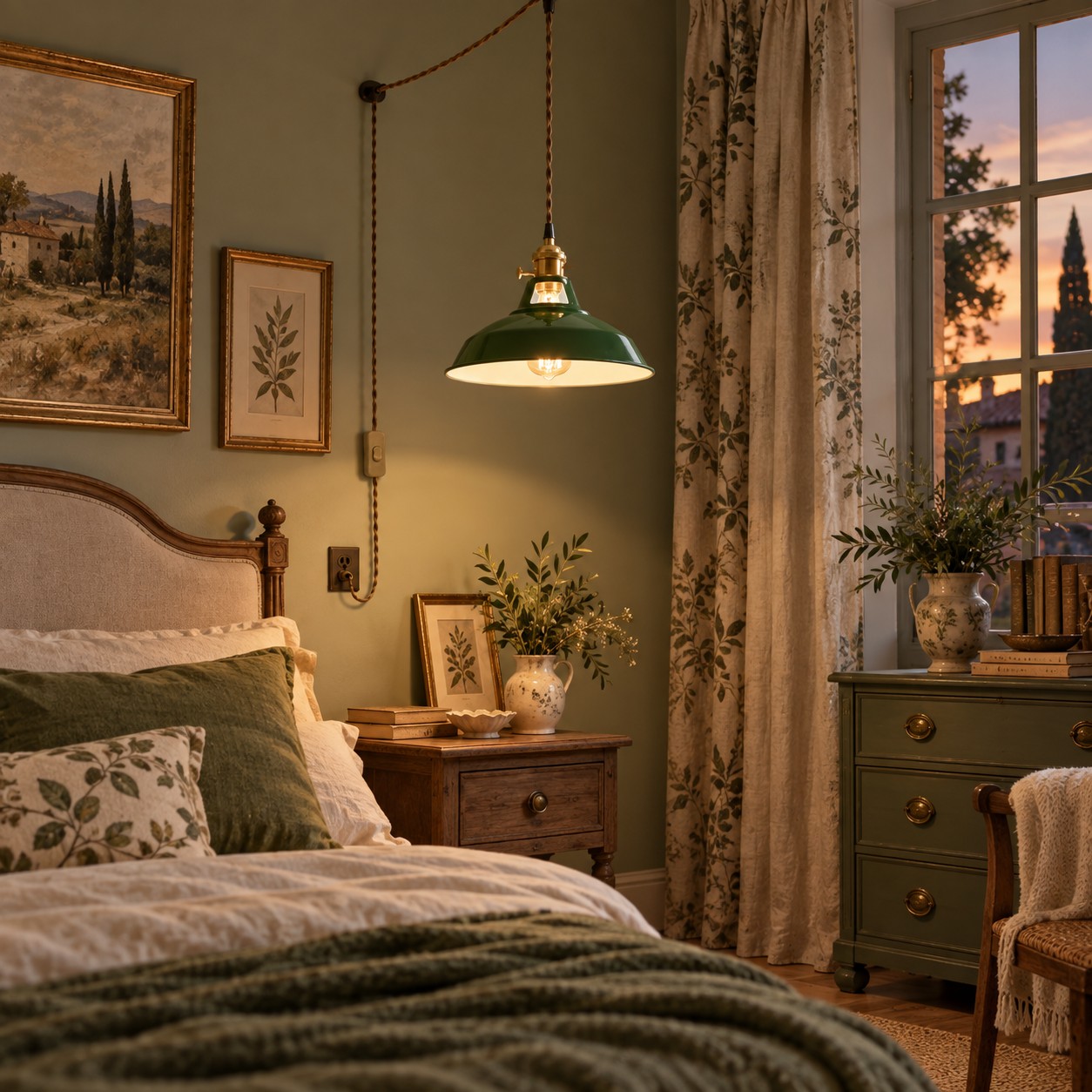 Green metal plug-in pendant in a botanical bedroom