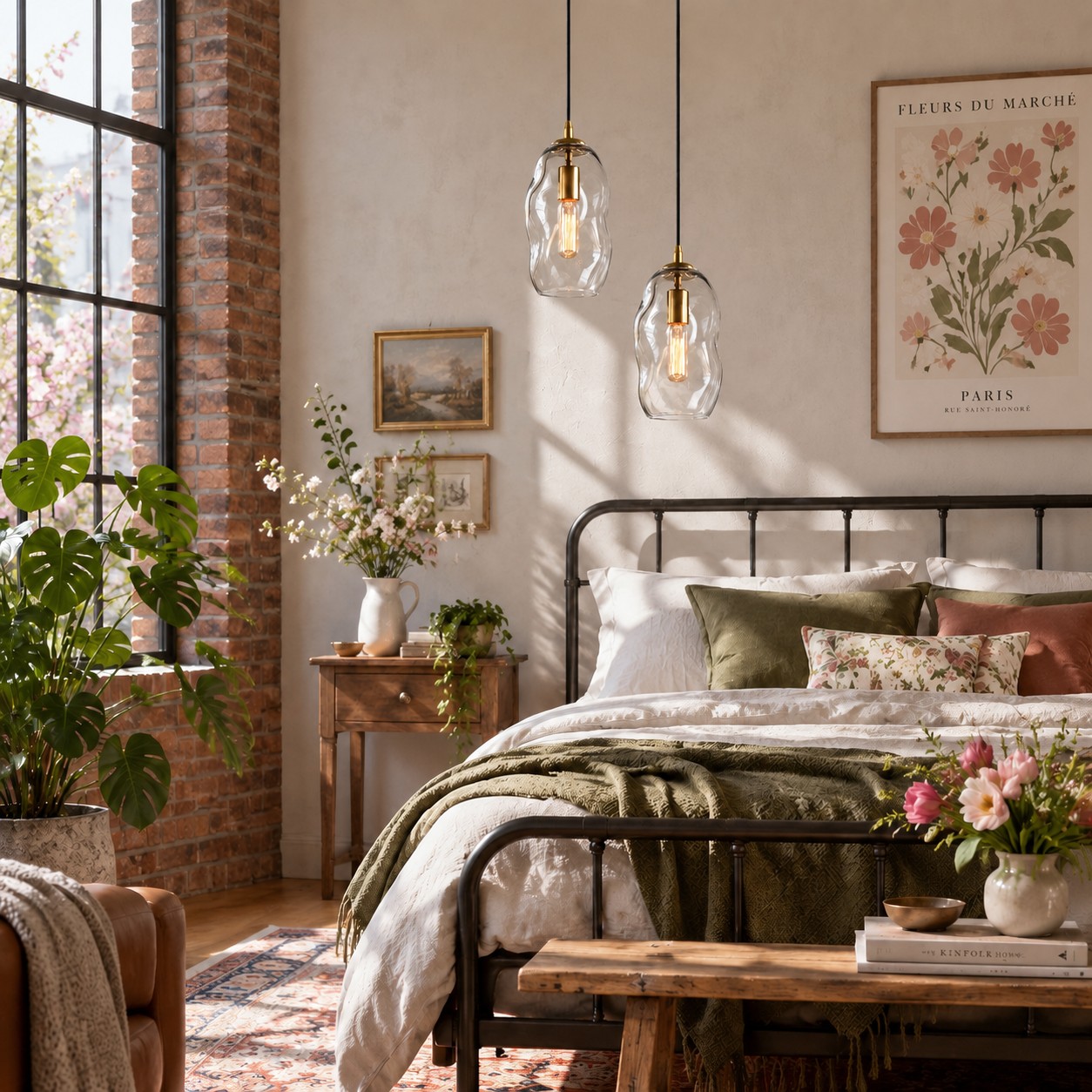 Organic glass pendants above a bed