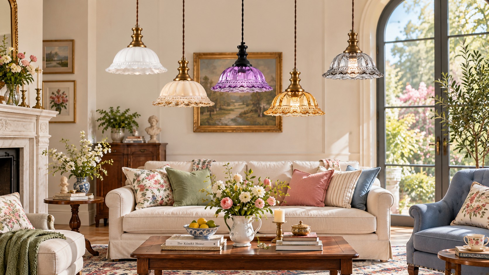 Fluted glass pendants in a living room by day