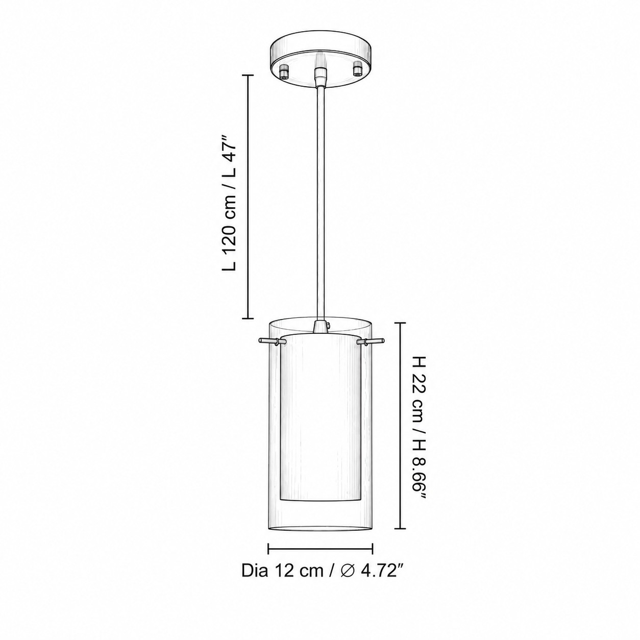 Diagrama de dimensiones que muestra las dimensiones del cordón ajustable de 120 cm y la persiana exterior.