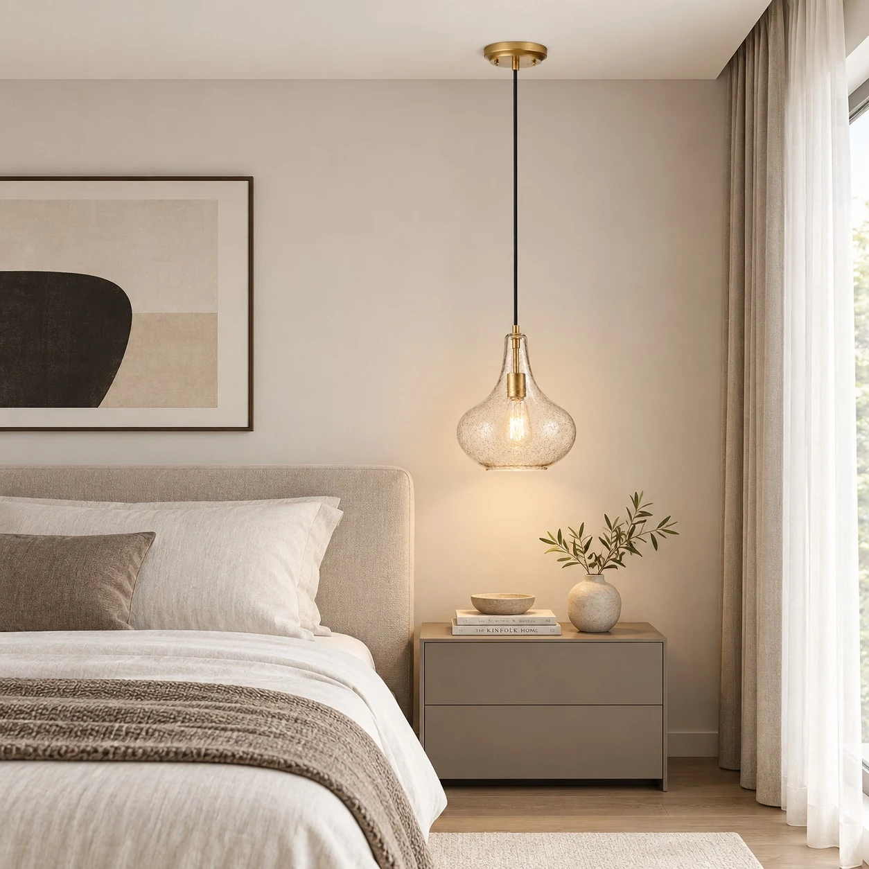 Lámpara colgante de cristal en un dormitorio