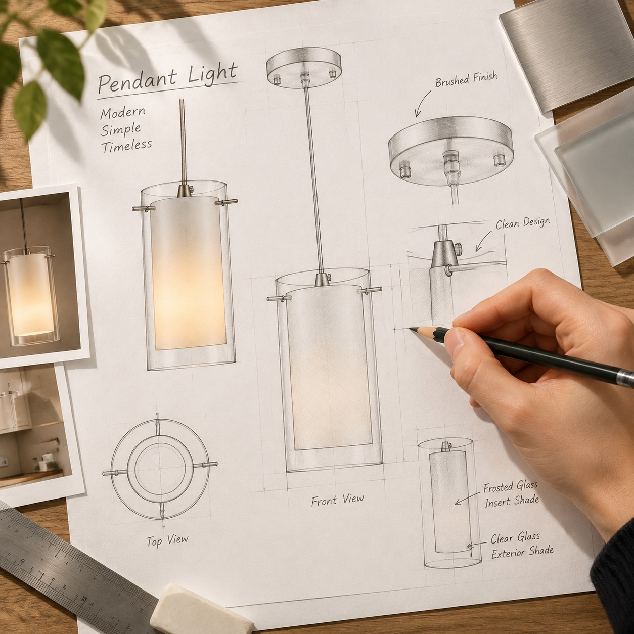 Estudio de diseño de lámparas colgantes con bocetos de acabado cepillado y notas sobre pantallas de vidrio