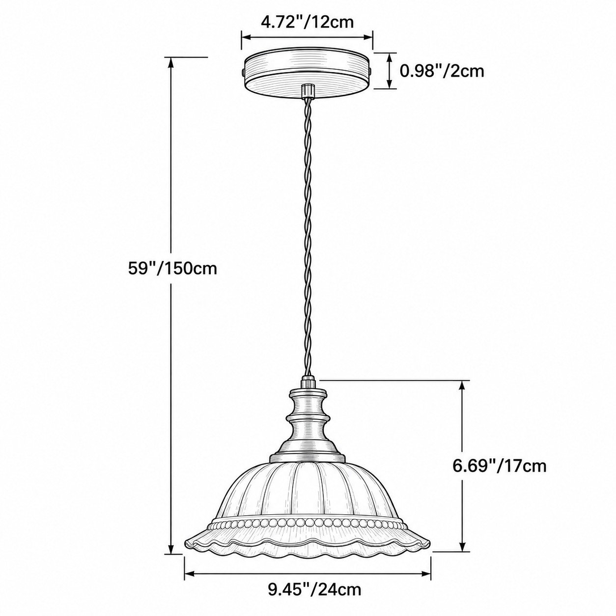Size diagram Dia 9.45 in &times; H 6.69 in