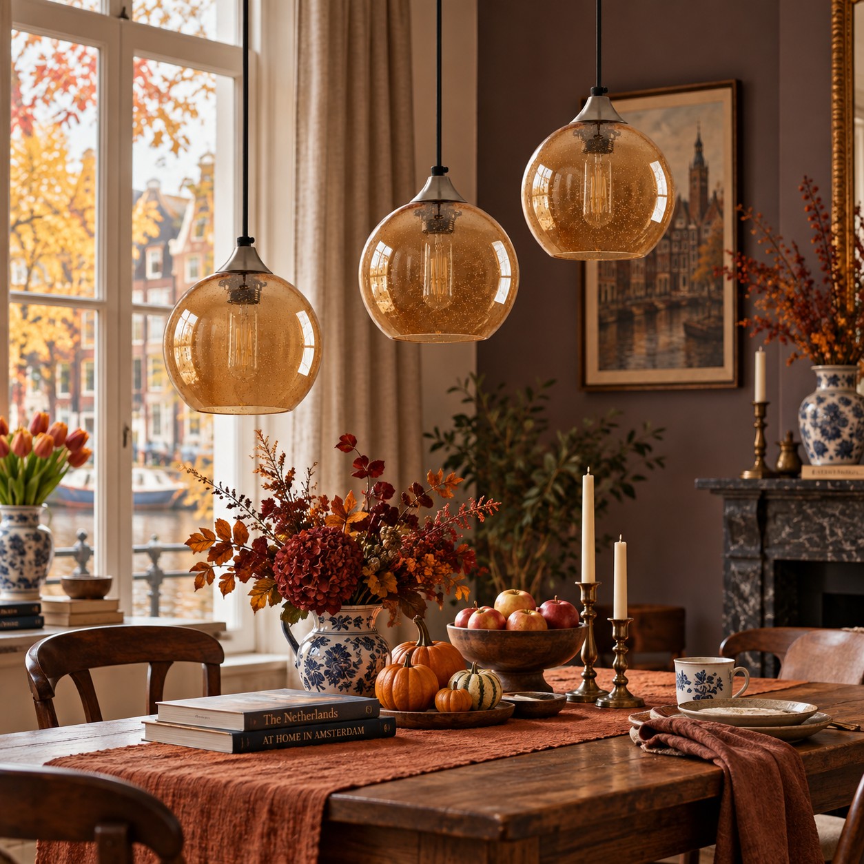 Green bubble pendants above a dining table
