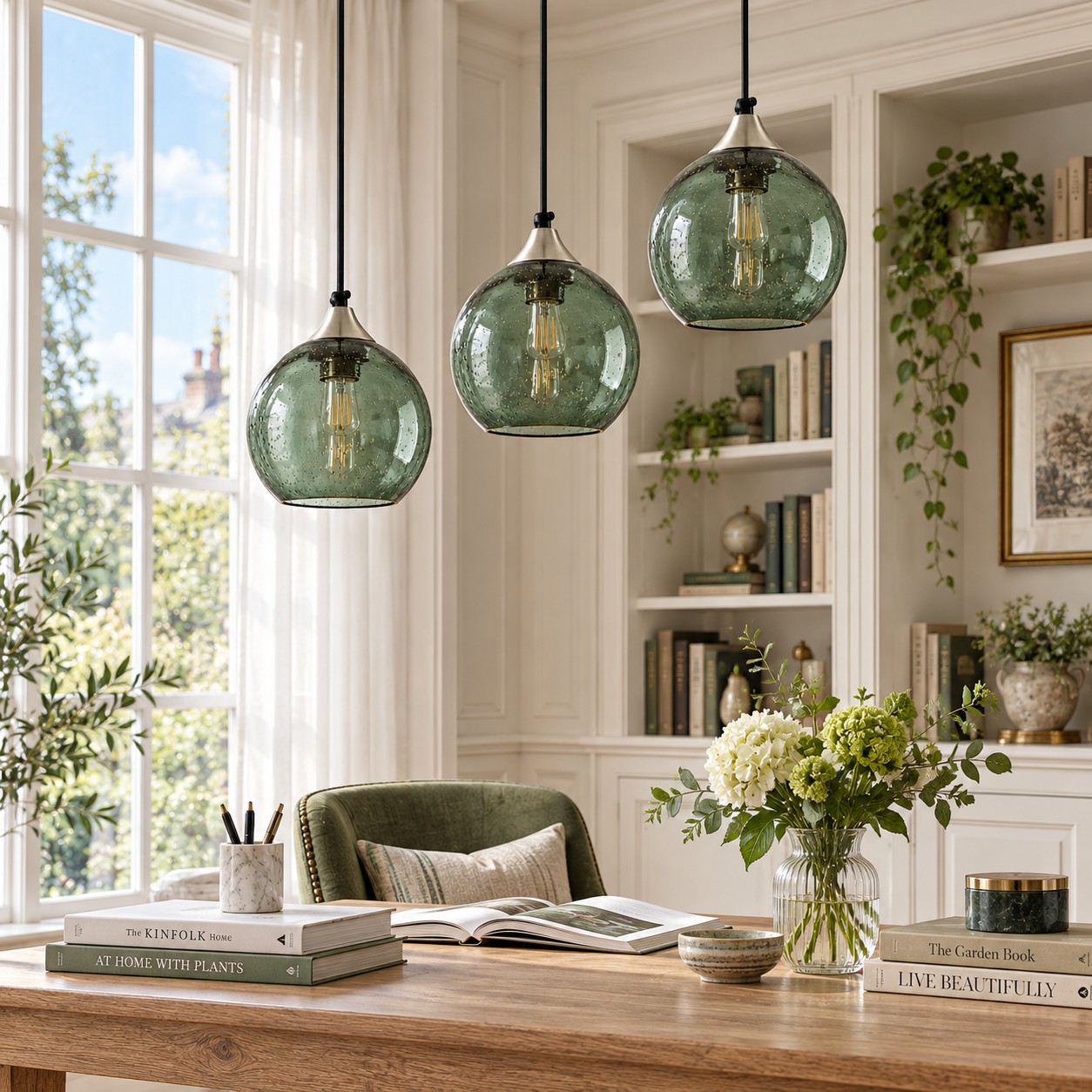 Green bubble pendants in a lounge