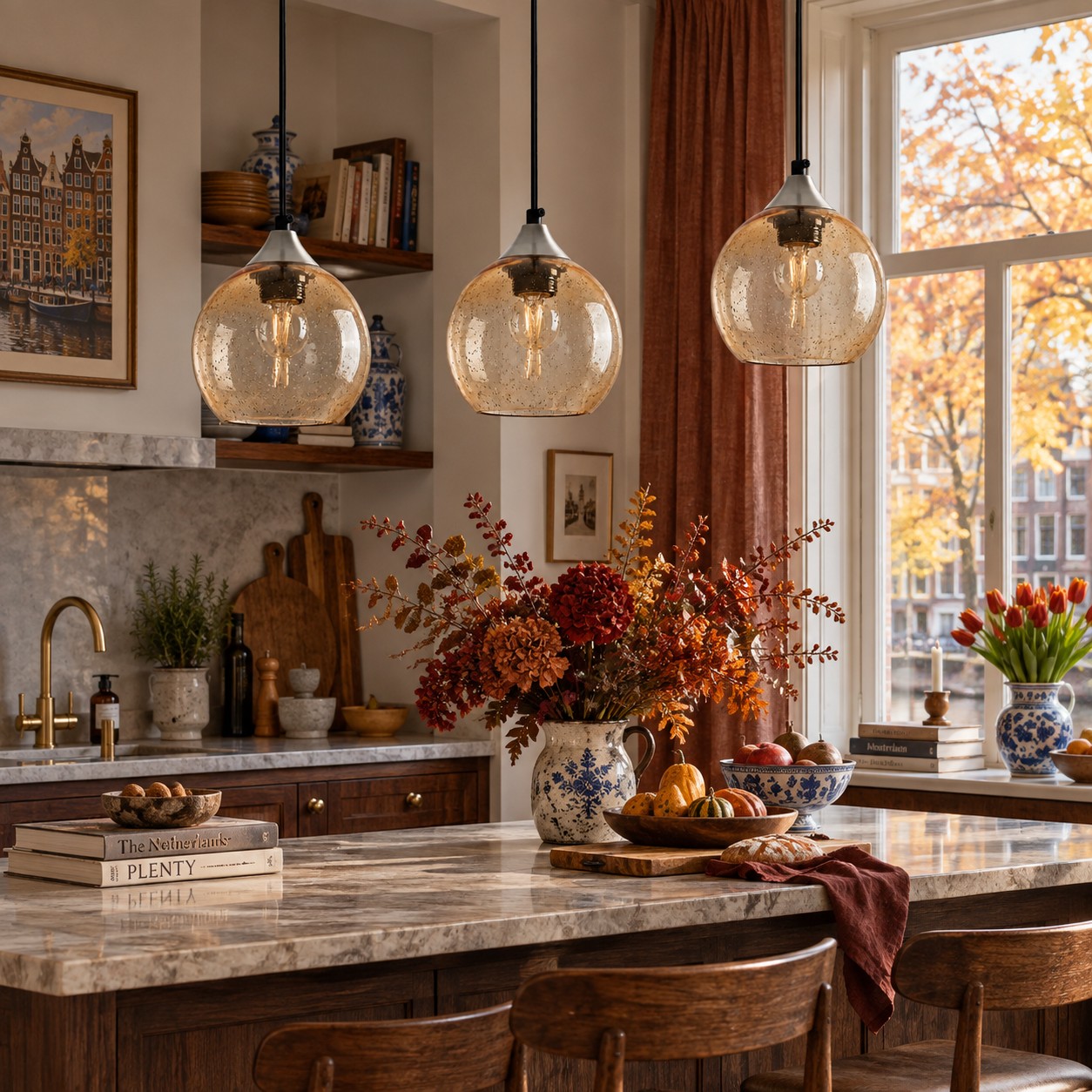 Warm globe pendants above a dining table