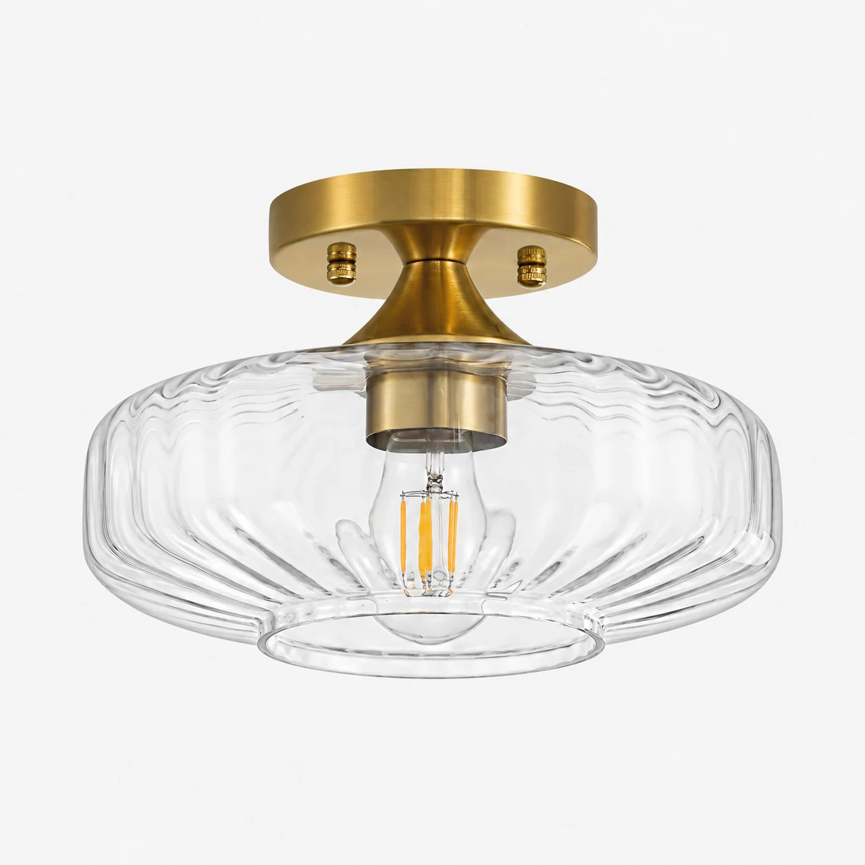 Clear ribbed glass semi-flush ceiling light with brushed brass canopy