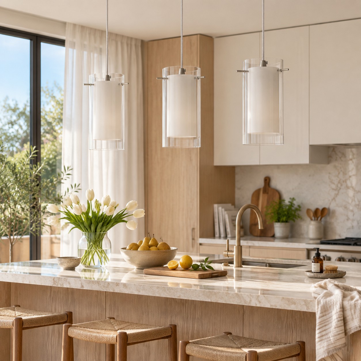 Tres modernas luces colgantes de doble cristal en una cocina luminosa antes de la iluminación