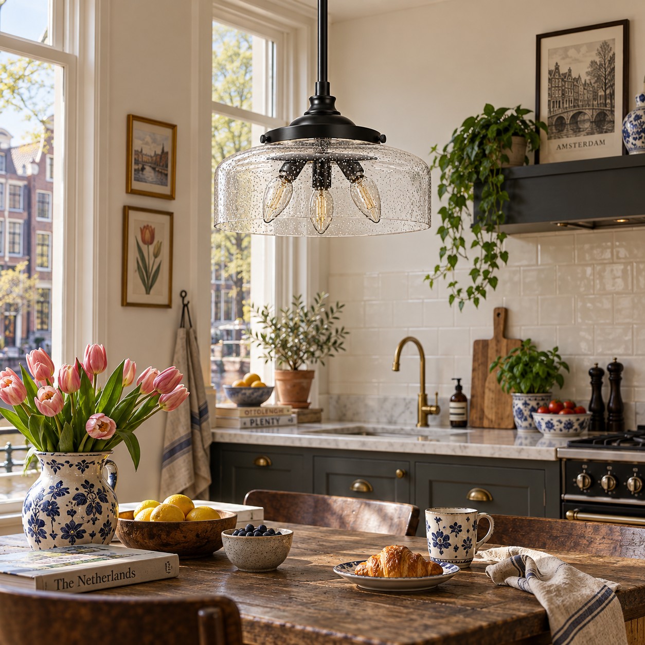 Lámpara colgante de cristal negro con múltiples luces en una cocina con carácter de inspiración holandesa
