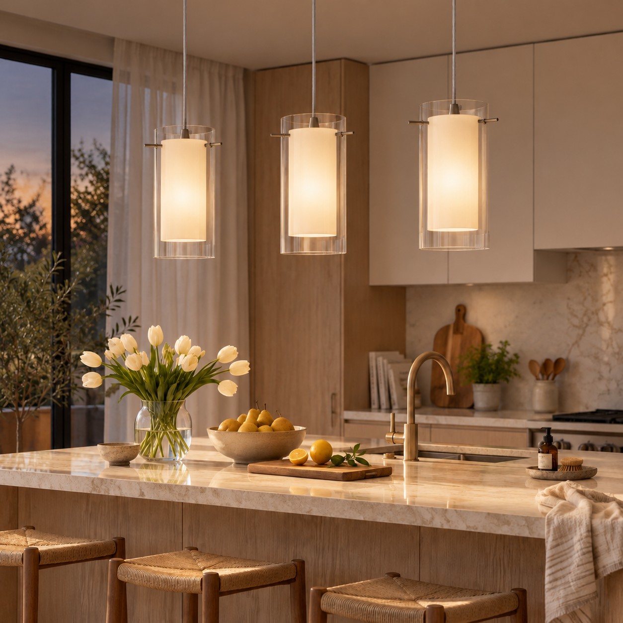 Tres modernas luces colgantes de doble cristal brillando cálidamente en una cocina al atardecer