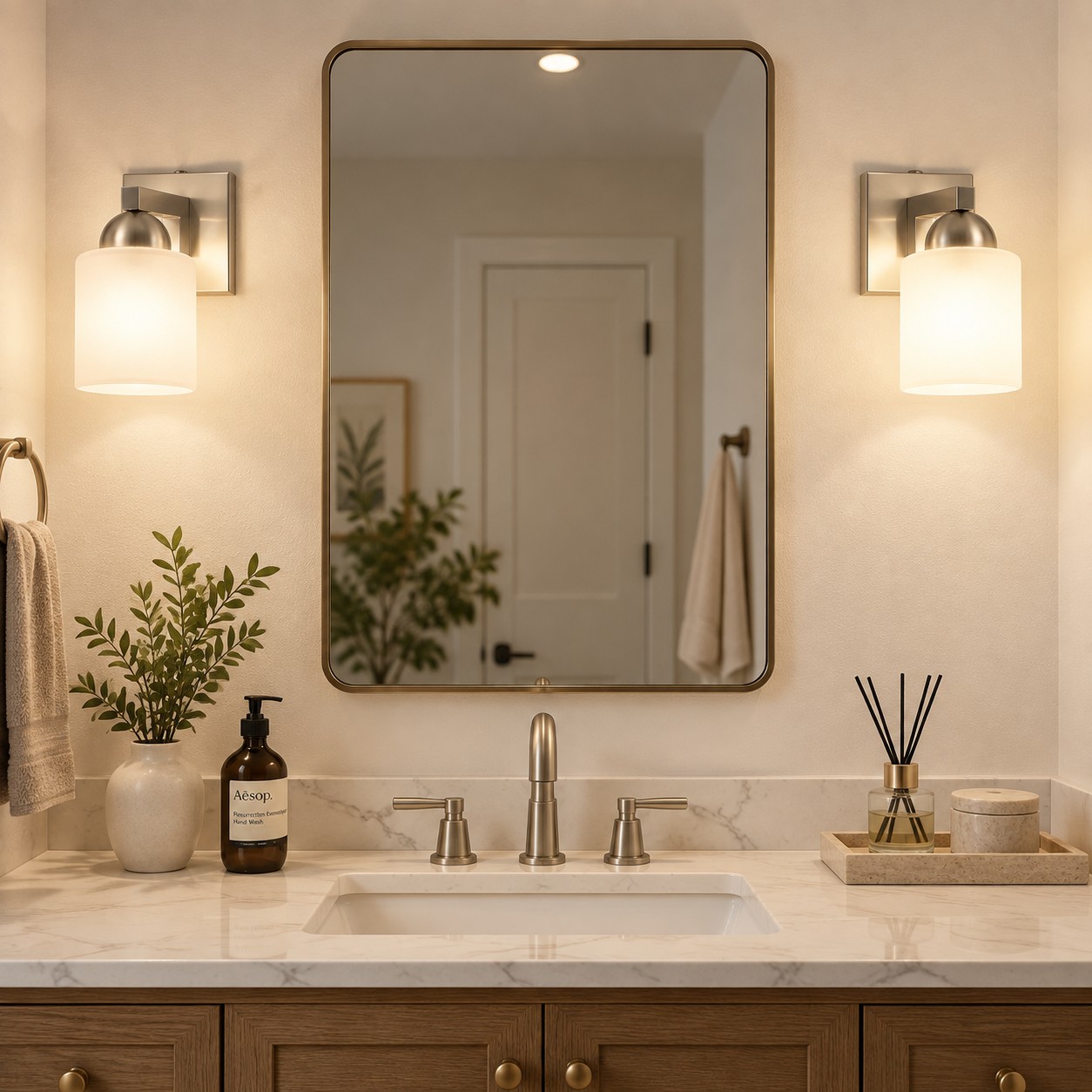 Lampadario a due luci sopra lo specchio del bagno