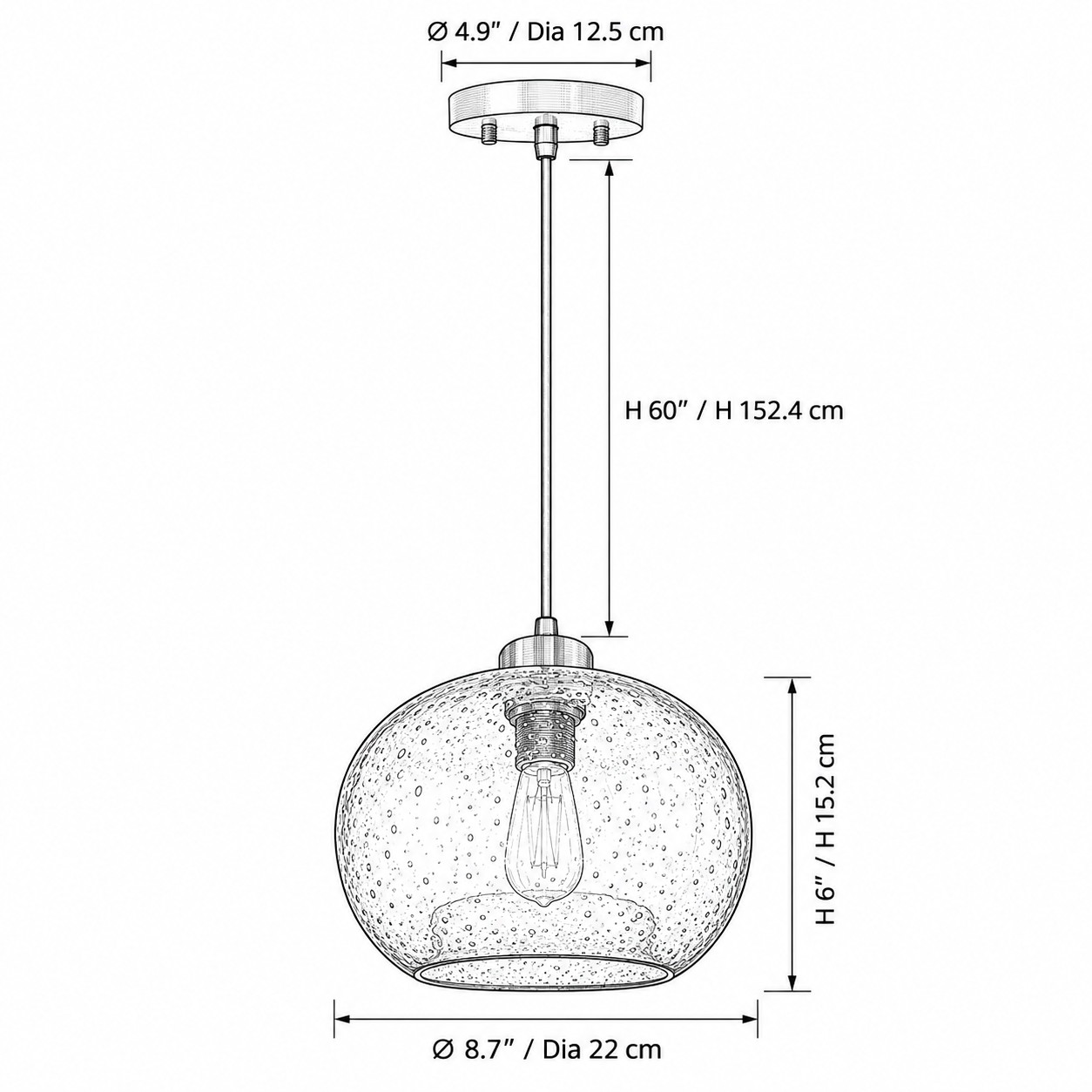 Abmessungen der Pendelleuchte: Baldachindurchmesser 12,5 cm, Aufhängung 152,4 cm, Kugeldurchmesser 22 cm und Höhe 15,2 cm