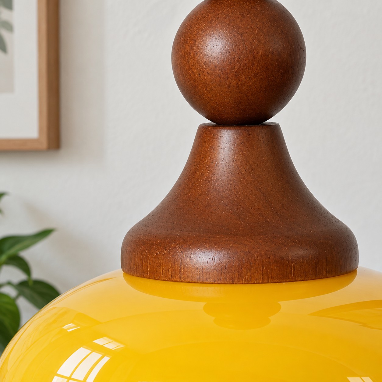 Close-up of turned wooden accents on the pendant