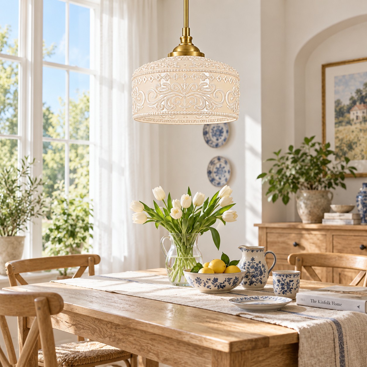 Colgante de vidrio estampado blanco sobre una mesa de comedor de madera iluminada por el sol