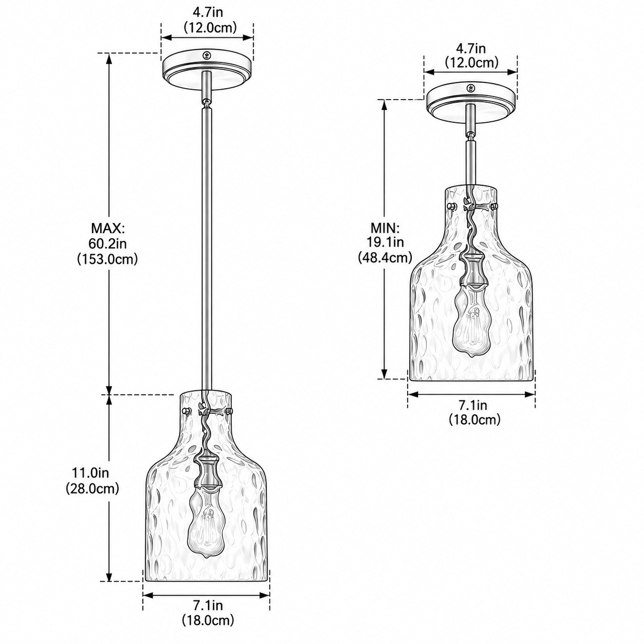Dimensiones del colgante de vidrio de 7,1 pulgadas
