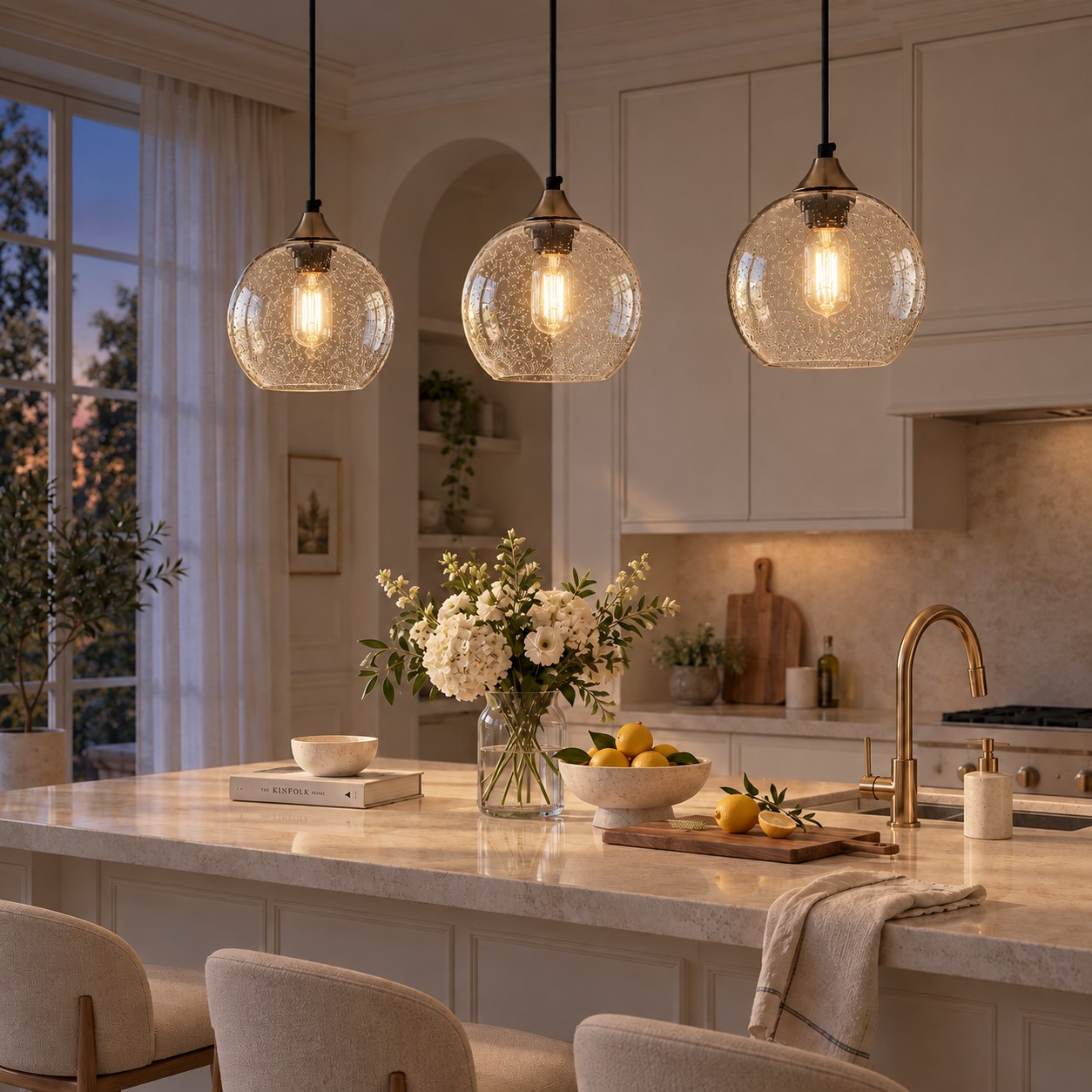 Warm globe pendants glowing above a kitchen island