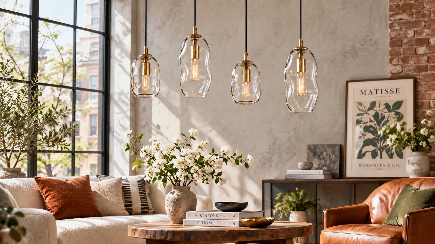Organic glass pendant over a kitchen island, light off