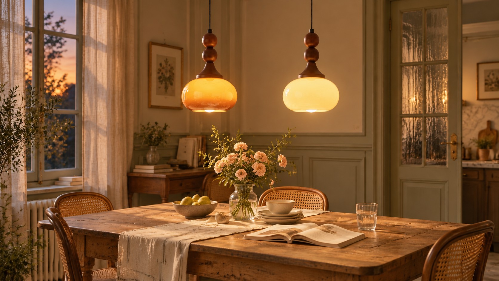 Artistic glass pendant light glowing at night