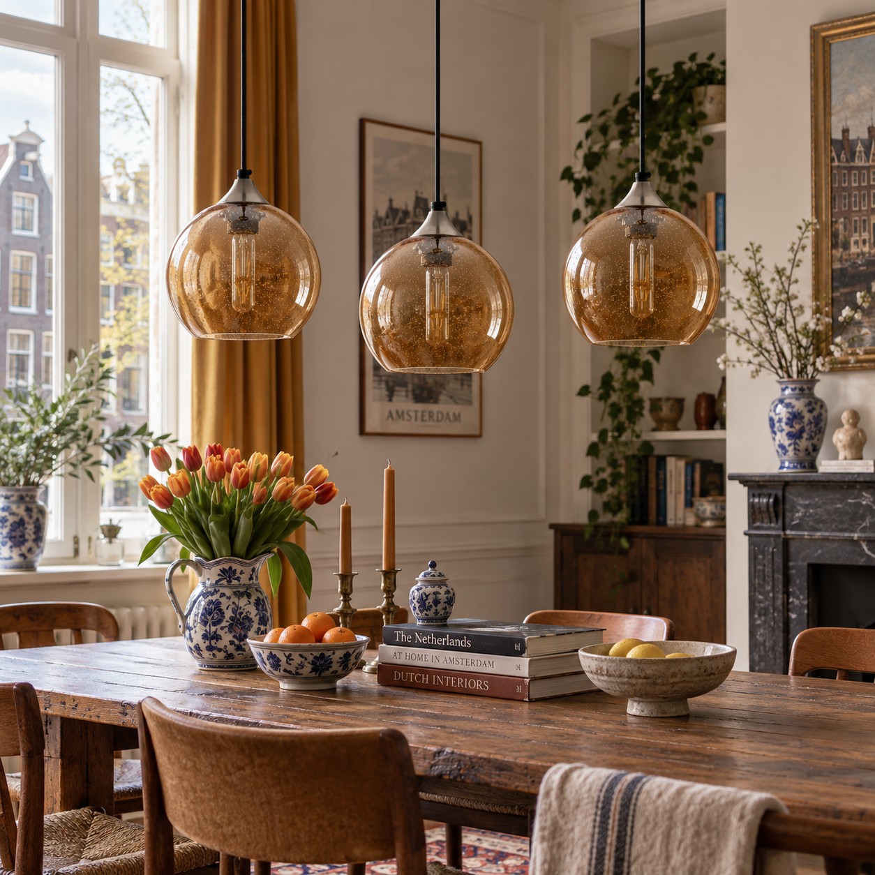Amber bubble pendants above a dining table