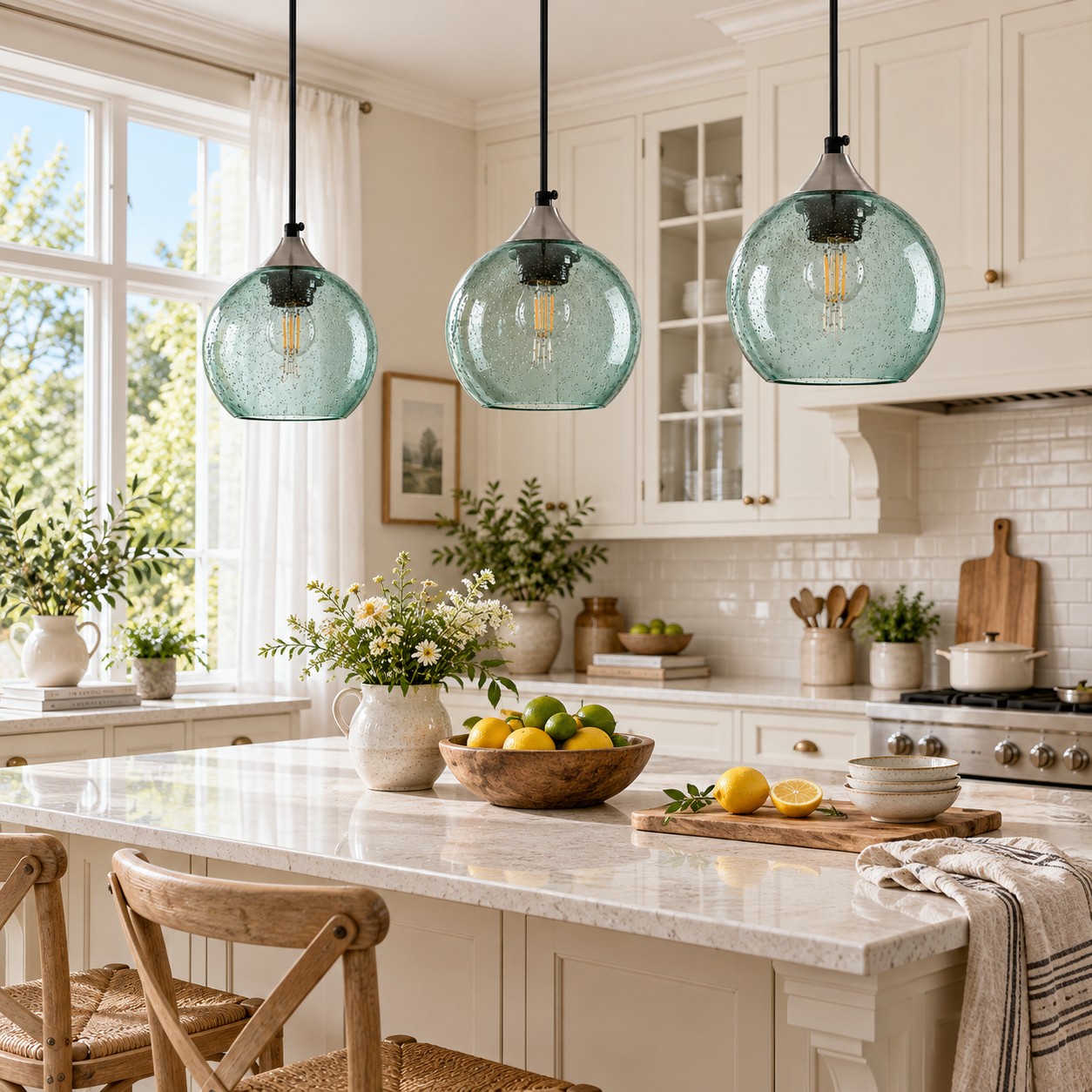 Pink and clear pendants over a dining table