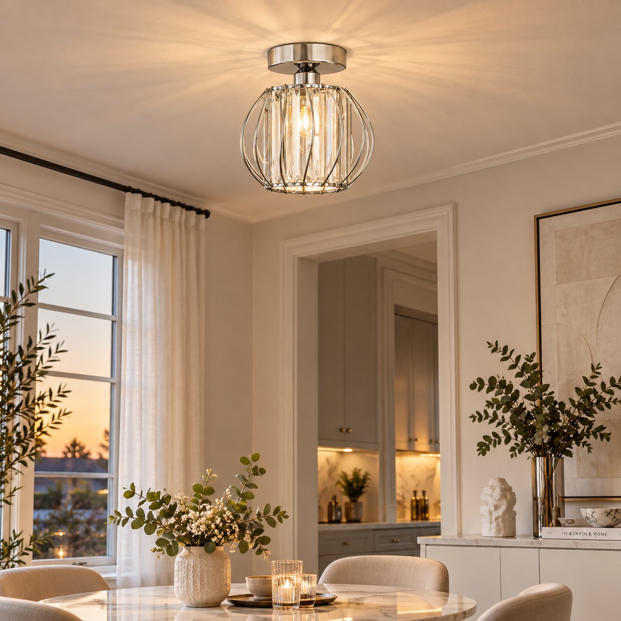 Lampadario a soffitto con gabbia di cristallo sopra la zona pranzo.