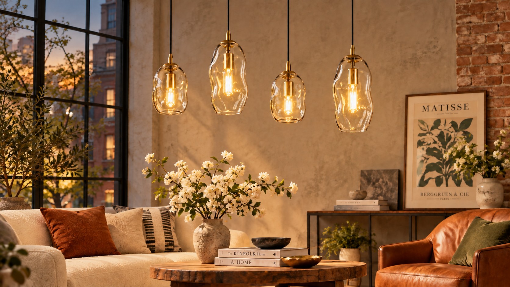 Organic glass pendant glowing over a kitchen island