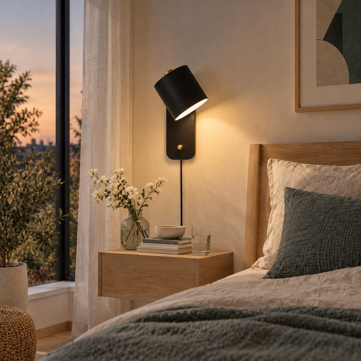 Die gleiche schwarze zylinderförmige Wandlampe, die in der Dämmerung neben dem Bett leuchtet.