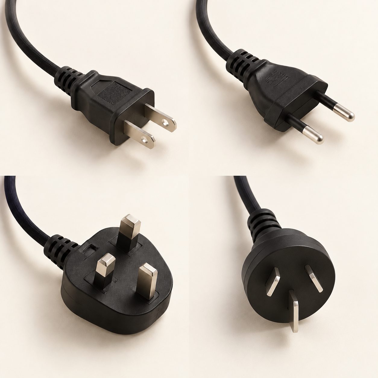 US-, EU-, UK- und AU-Stecker am schwarzen Kabel des Produkts