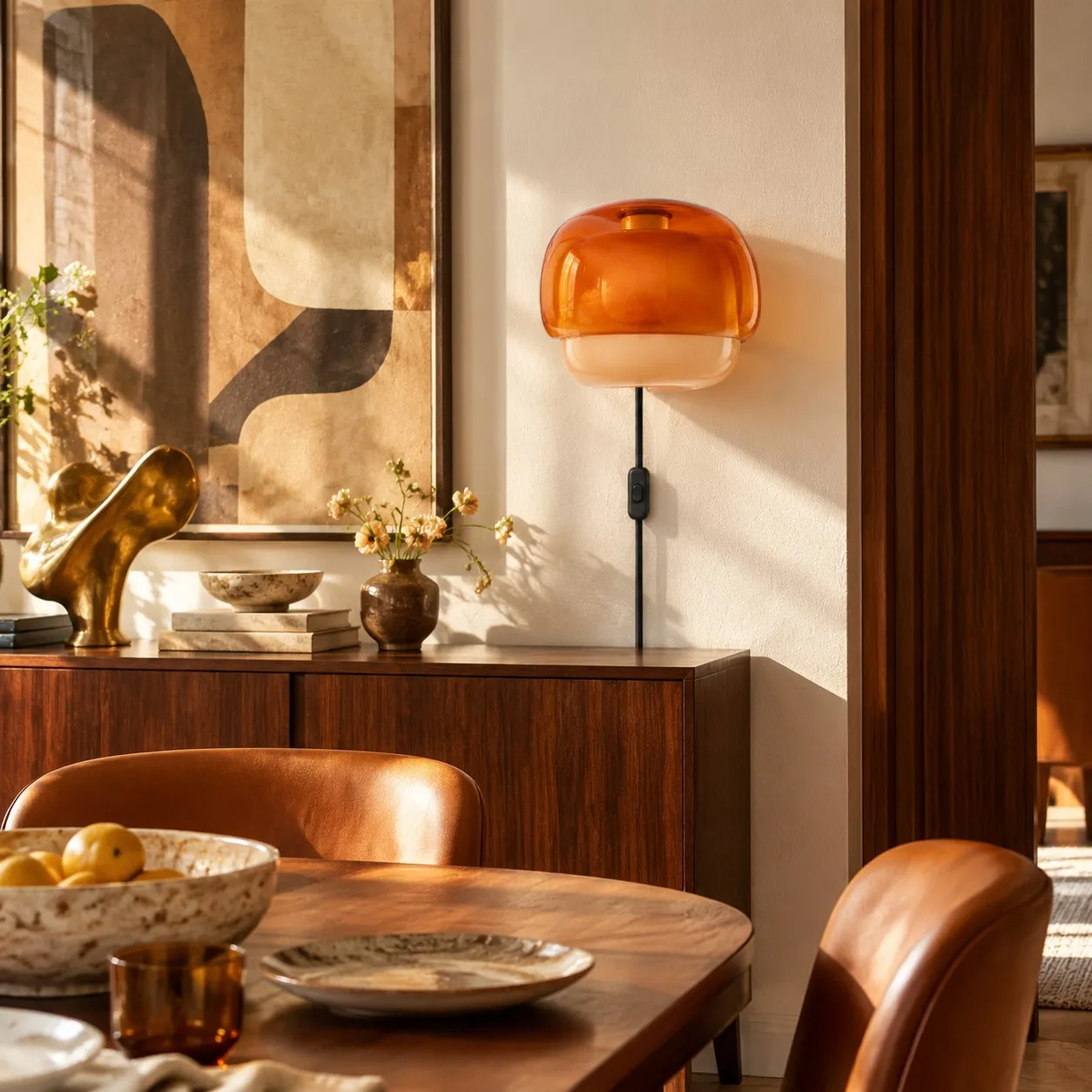 Orangefarbene Wandleuchte aus Kunstharz mit Kabel über einem Esszimmer-Sideboard