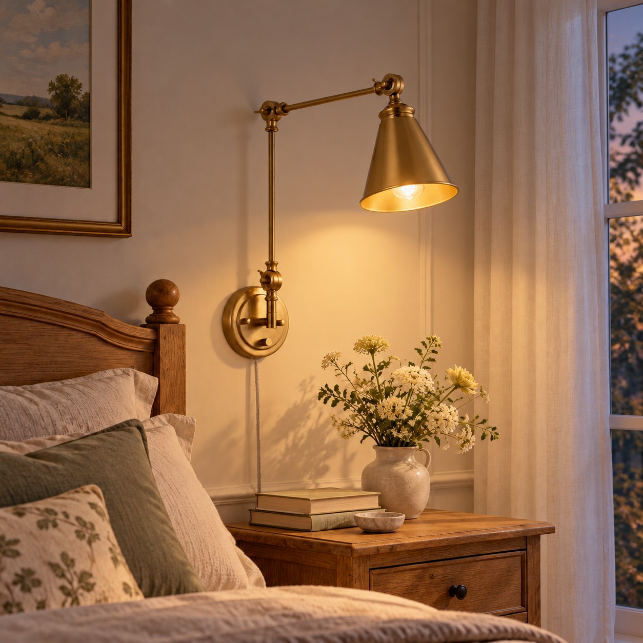 Dezelfde gouden wandkandelaar met een zwenkarm naast een bed, waarvan de kegelvormige kap oplicht in de schemering