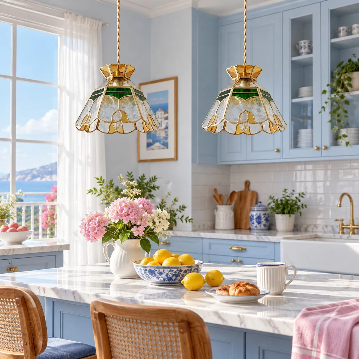 Lampada a sospensione in vetro con motivo floreale rosa in un ambiente interno.