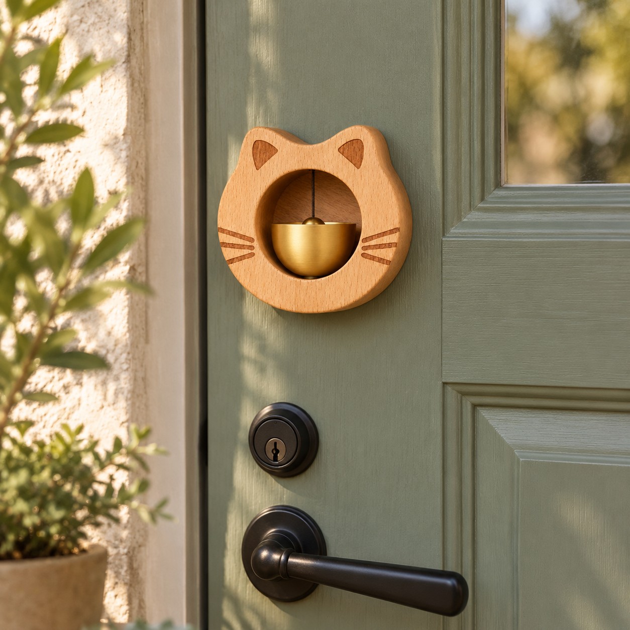 Campanello gatto su una porta d’ingresso verde salvia