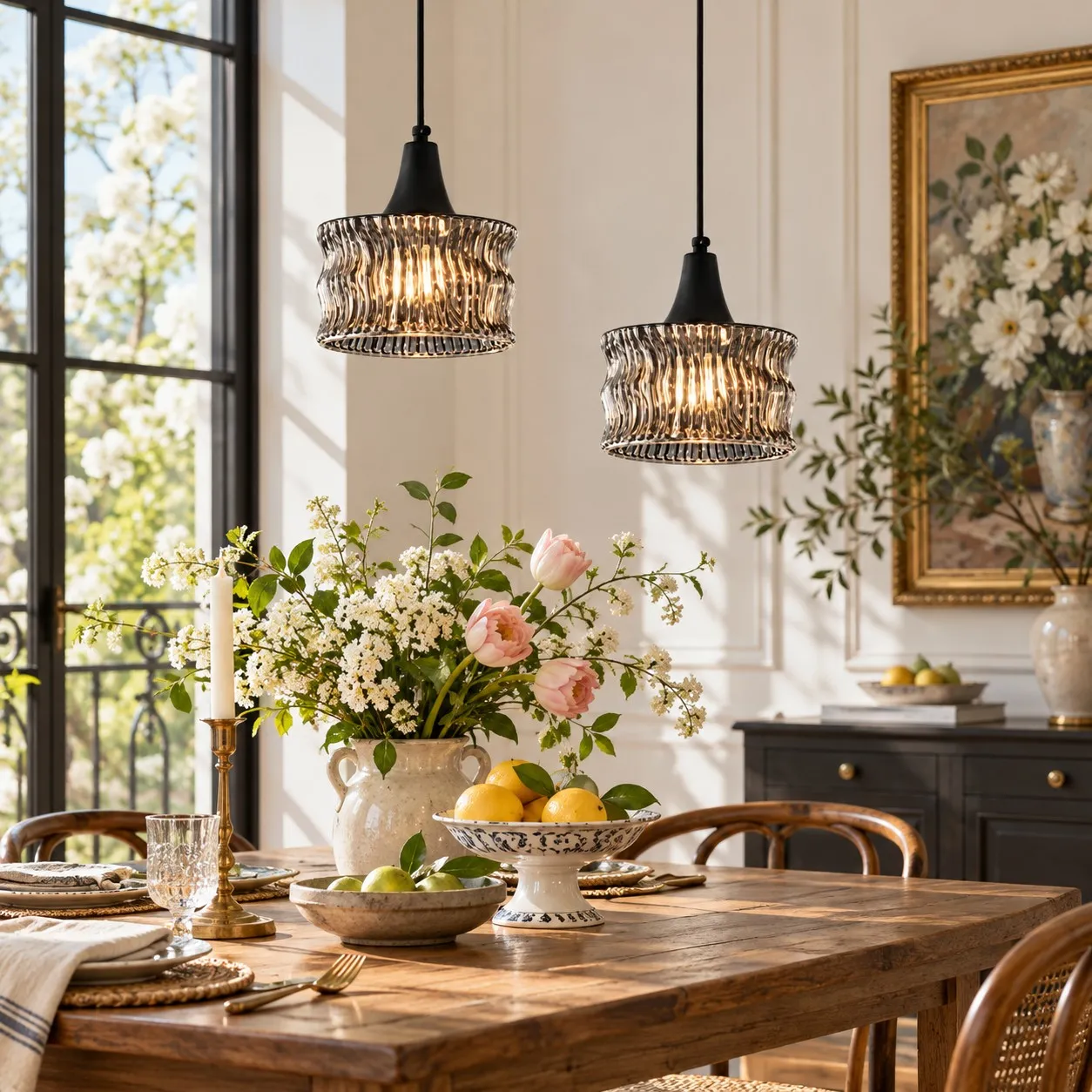 Wabi-Sabi Pendelleuchte aus Messing und Glas im Interieur