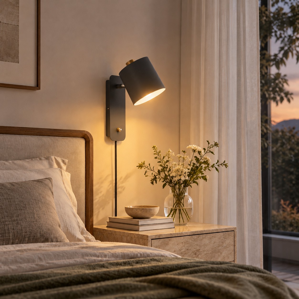 Die gleiche graue zylinderförmige Wandlampe wurde bei Einbruch der Dunkelheit neben dem Bett eingeschaltet.