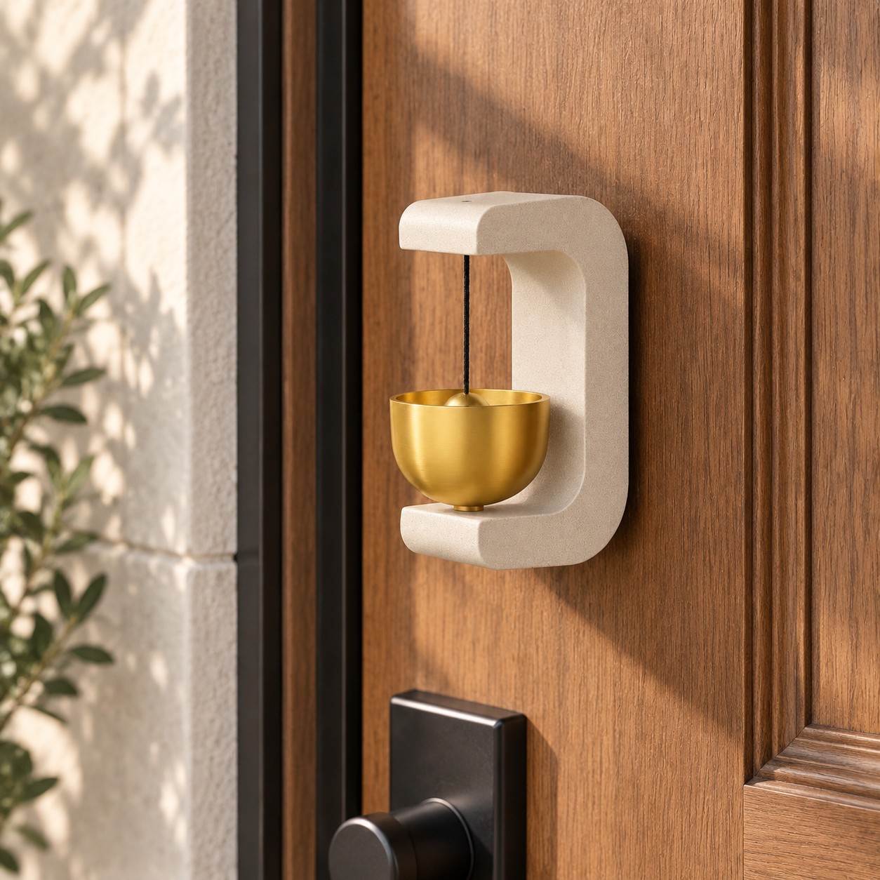 Campanello a mezzaluna su una porta di legno