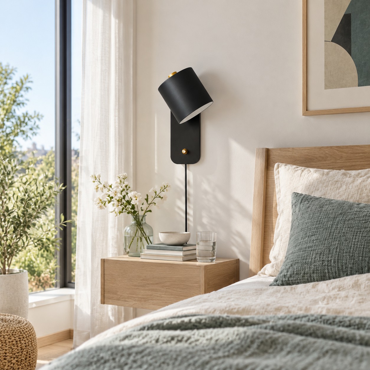 Schwarze zylinderförmige Wandlampe neben einem Bett im Tageslicht, bevor sie eingeschaltet wird.