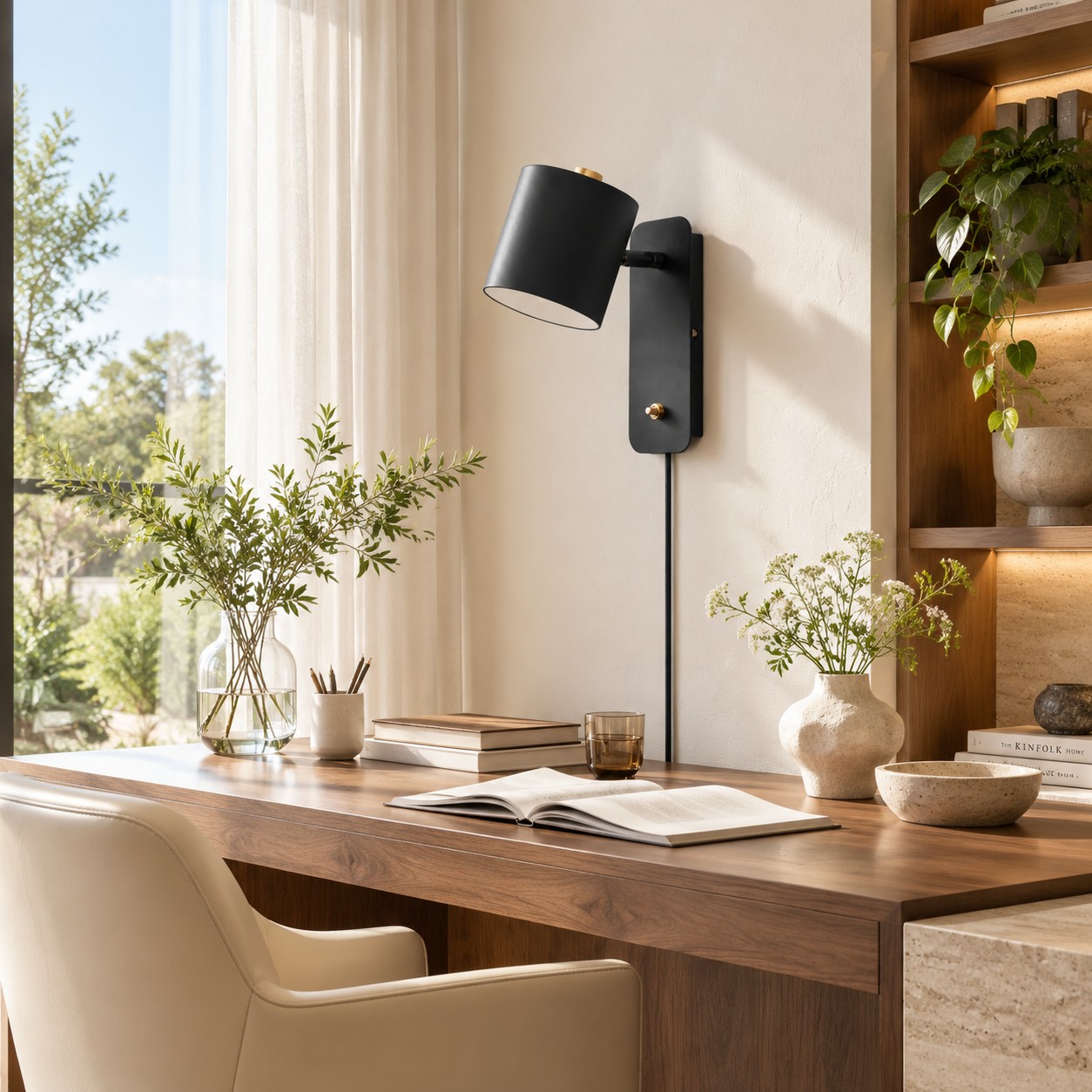 Schwarze zylinderförmige Wandlampe, die auf einen Schreibtisch an einem hellen Fenster gerichtet ist.