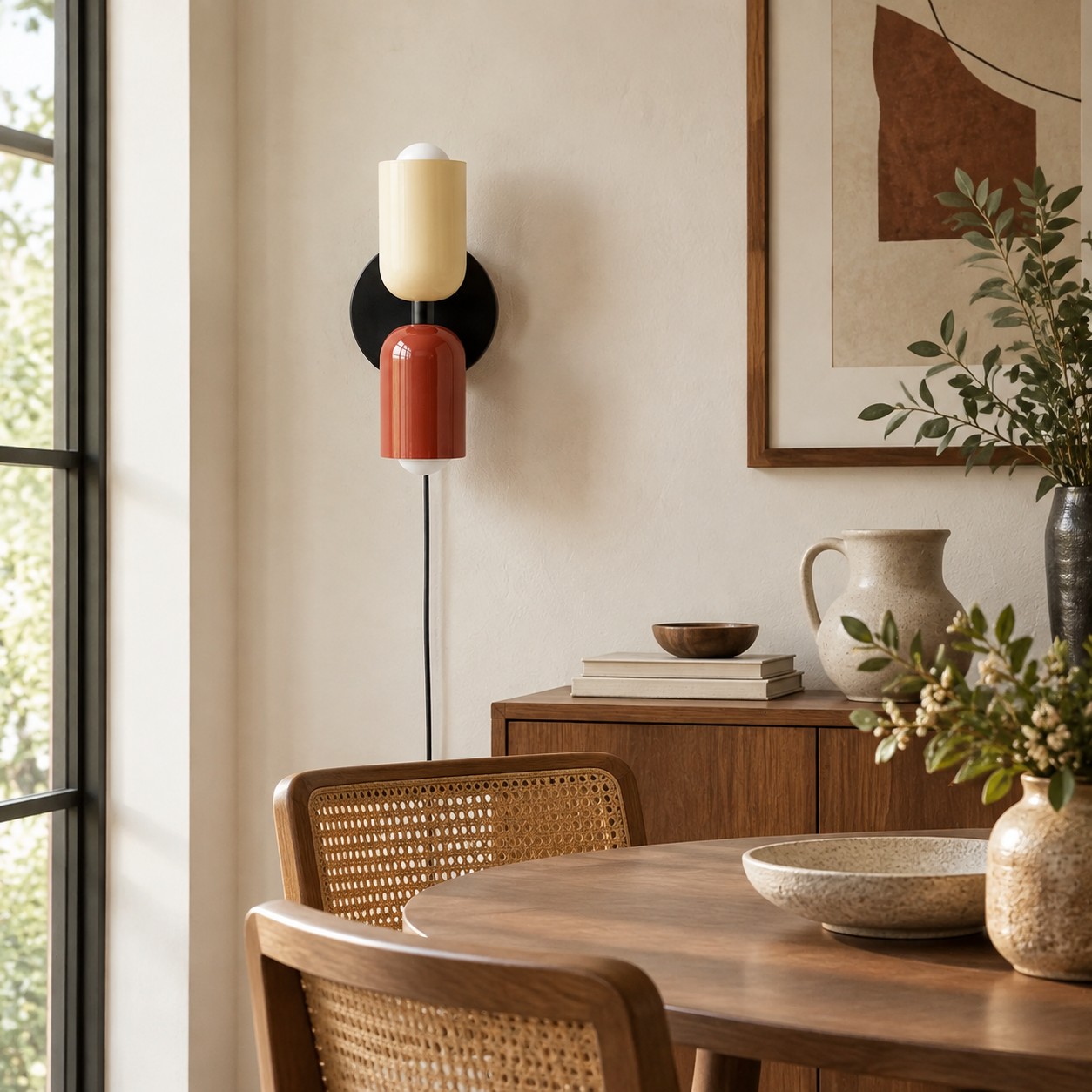 Doppelte Wandleuchte „Couleur“ mit Stecker in Beige-Rot-Farbkombination neben einem Esstisch