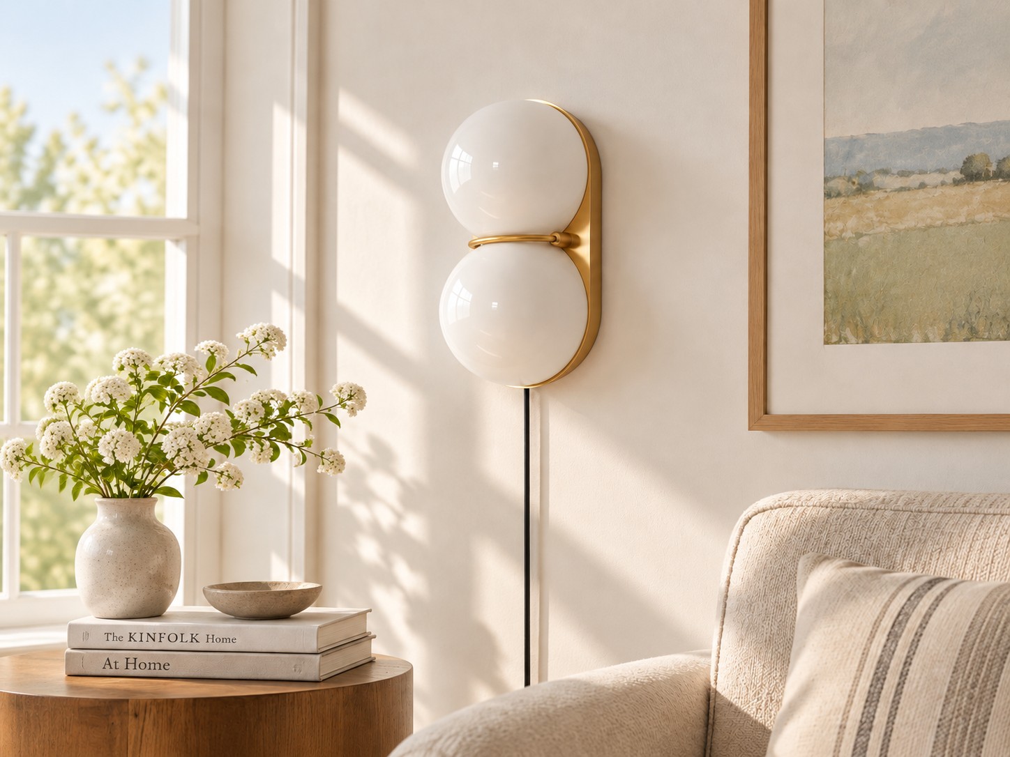 Weiße Glaskugeln an der Wand, untere Kugel warm, Kabel sichtbar